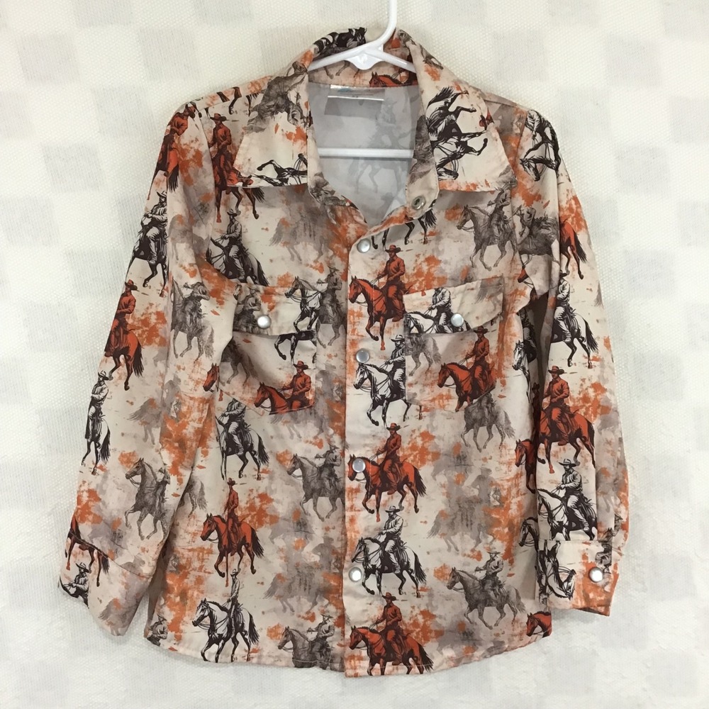 Shea Baby Kids 5T Western Cowboy Horse Print Pearl Snap Button Down Shirt Orange